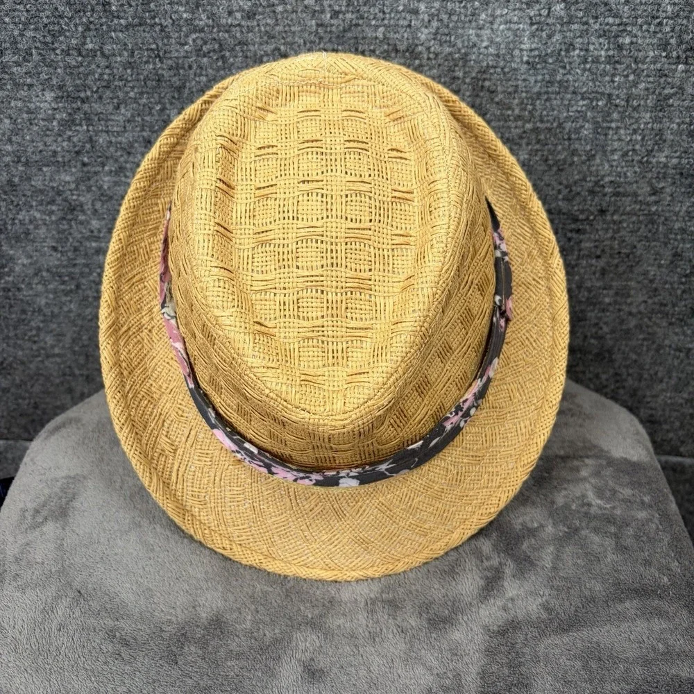 Lucy Love Straw Fedora Hat Womens OS Tan Floral Band Woven Sun Beach Summer Boho